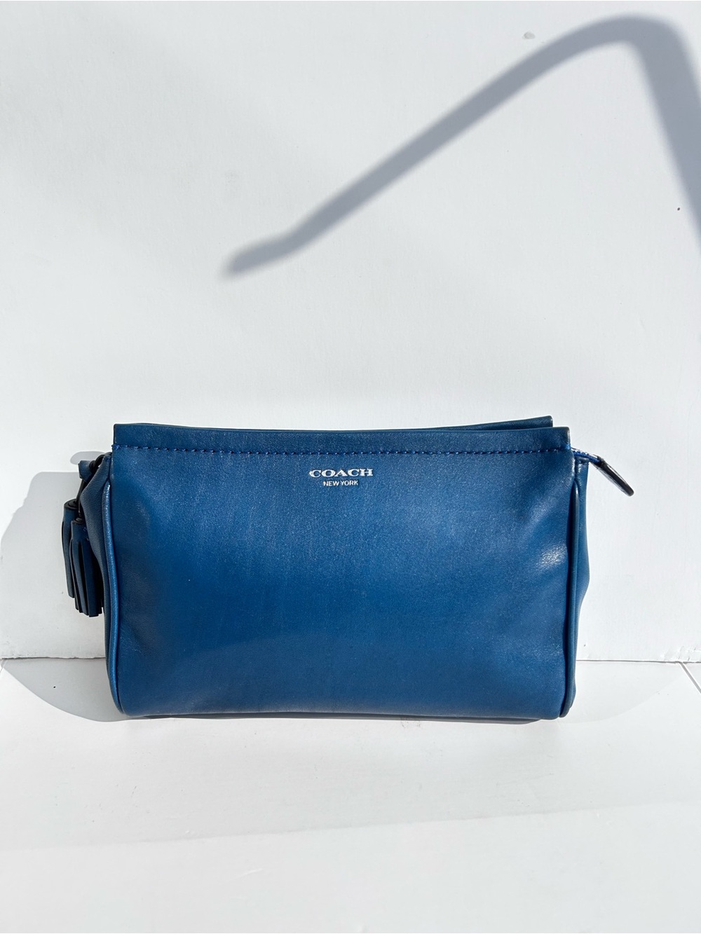 COACH New York Slate Blue Smooth Leather Tassel Clutch Pouch Wristlet Cosmetic
